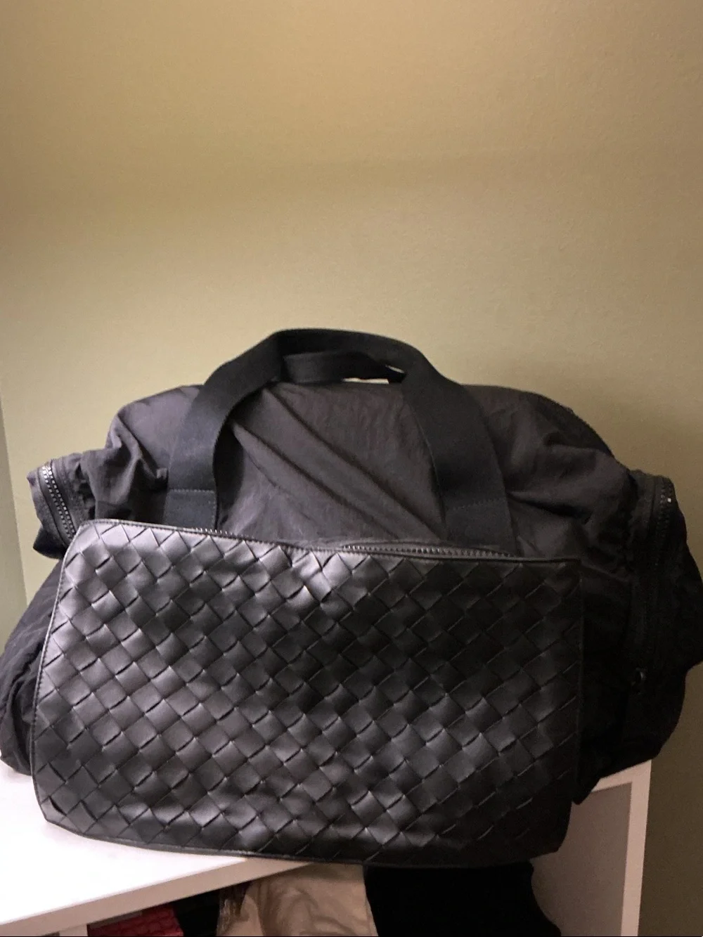 Bottega Veneta Intrecciato Paper Nylon Packable Duffle Black Woven Leather